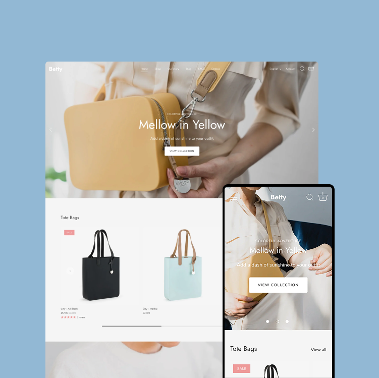 E-commerce website design with handbags and a smartphone view on a blue background