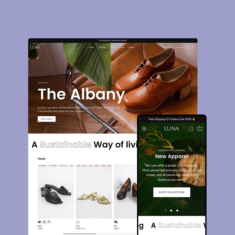 Luna brand website with brown shoes and smartphone displaying app interface on a purple background