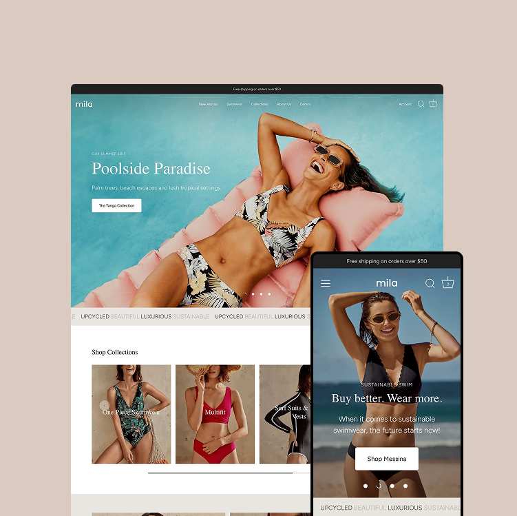 Mila swimwear website with a woman in a bikini on a beach.